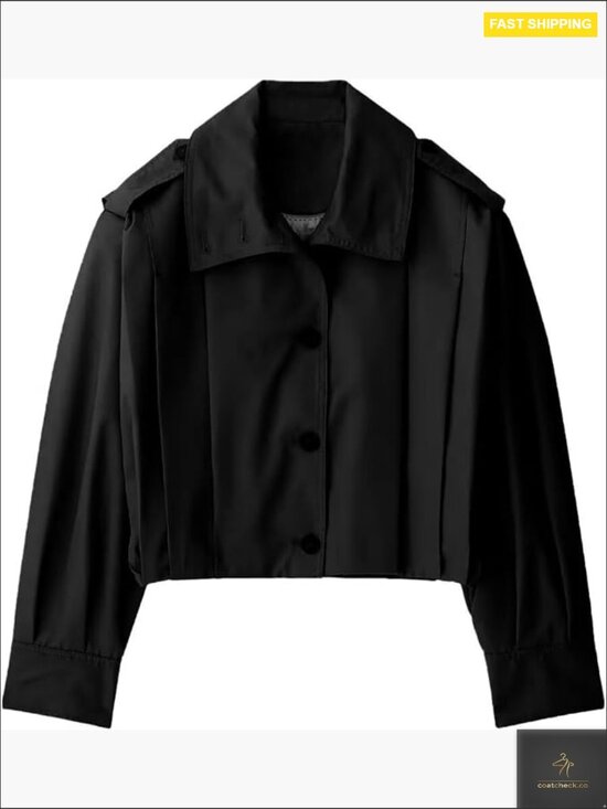 Jackets & Blazers - Cropped Pleated Jacket Casual Lapel Collar Long Sleeve Button Down Trench Coat